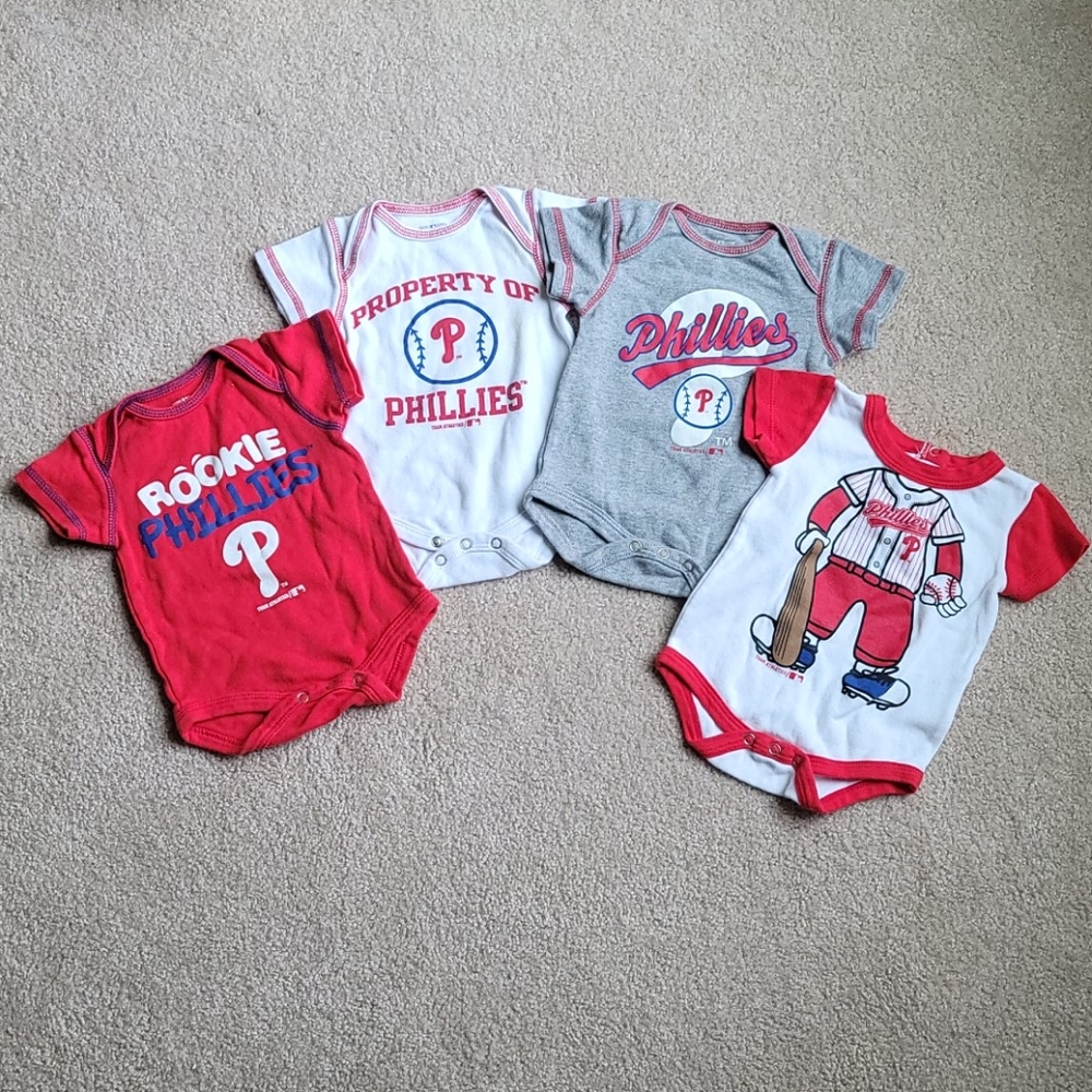 Lot/bundle of 4 Philadelphia Phillies baseball onesies, 0-3 months